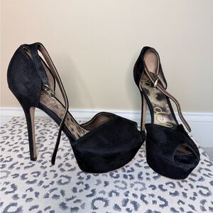 Sam Edelman Marina All Black Peep-Toe Platform Heels in black velvet - size 8